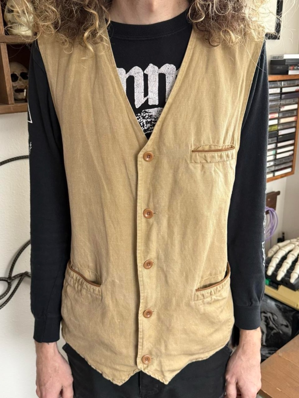 Vintage 90s Linen & Silk Blend Tan Vest - Size Large
